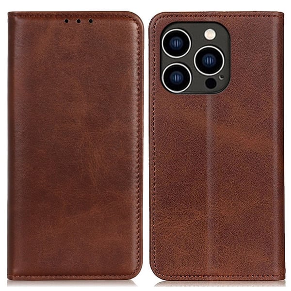 Flipveske i ekte skinn i lommebokstil for iPhone 14 Pro - Kaffe