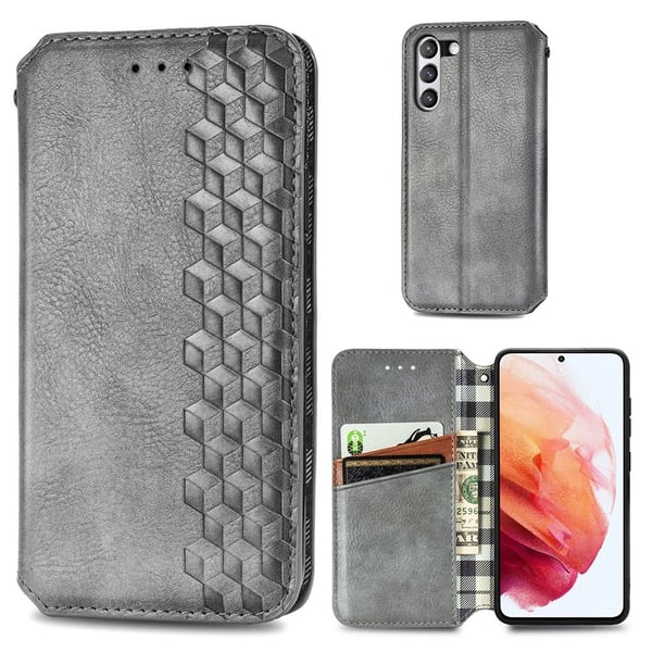 Lær Etui med A Stilfull Rhombus Imprint til Samsung Galaxy S21 FE - Grå