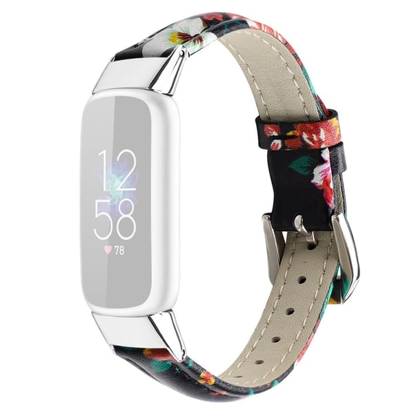 Fitbit Luxe klokkerem i ekte skinn - Svart / Rød Blomst / Størrelse: S
