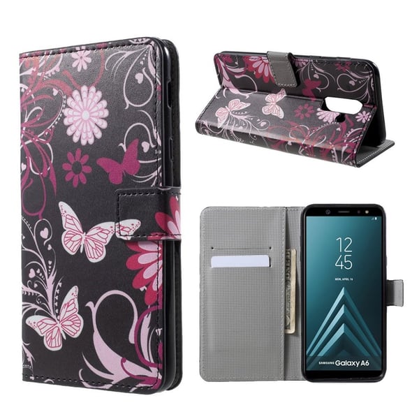 Samsung Galaxy A6 beskyttelses deksel av syntetisk skinn med printet bilde - sommerfugl blomster