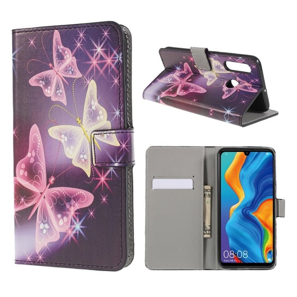 Huawei P30 Lite mønstret flipveske i skinn - Skinnende sommerfugler