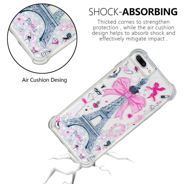 iPhone 7 Plus / 8 Plus stødsikkert etui med flydende glitterpulver - Eiffeltårnet Med Sløjfeknude