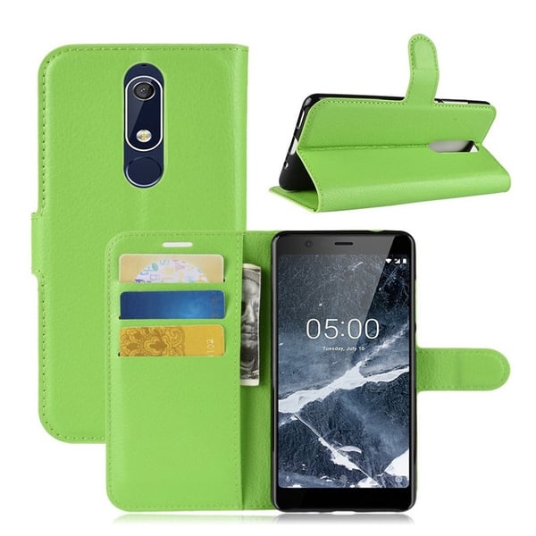 Nokia 5.1 beskyttelsesetui i kunstlæder med Litchi overfalde samt magnetisk lukkefunktion - Grøn