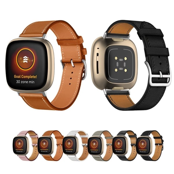 Fitbit Sense 2 / Versa 4 klokkerem i ekte skinn med sømmer - Svart