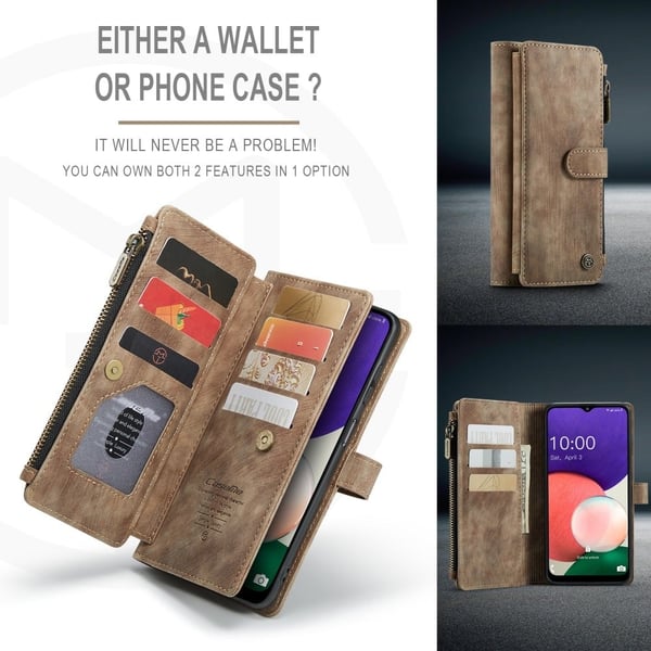 CaseMe telefonetui med glidelås og lommebok for Samsung Galaxy A22 5G - Brun