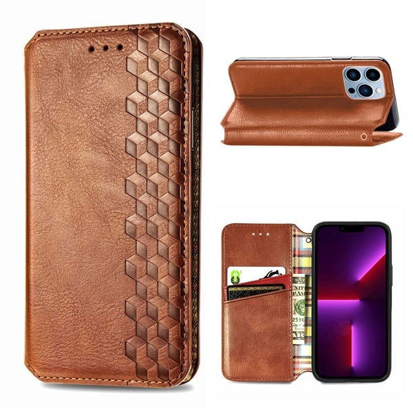 Lær Etui med A Stilfull Rhombus Imprint til iPhone 13 Pro Max - Brun