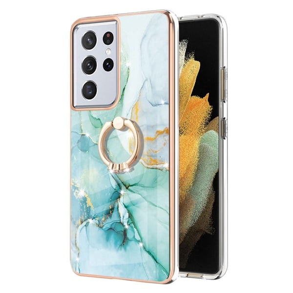 Marble Mønstret Deksel med Ring Holder til Samsung Galaxy S21 Ultra 5G - Grønn Klinkekule Haze
