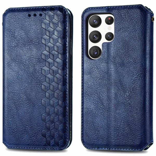 Læretui med A Stilfull Rhombus Imprint til Samsung Galaxy S23 Ultra - Blå