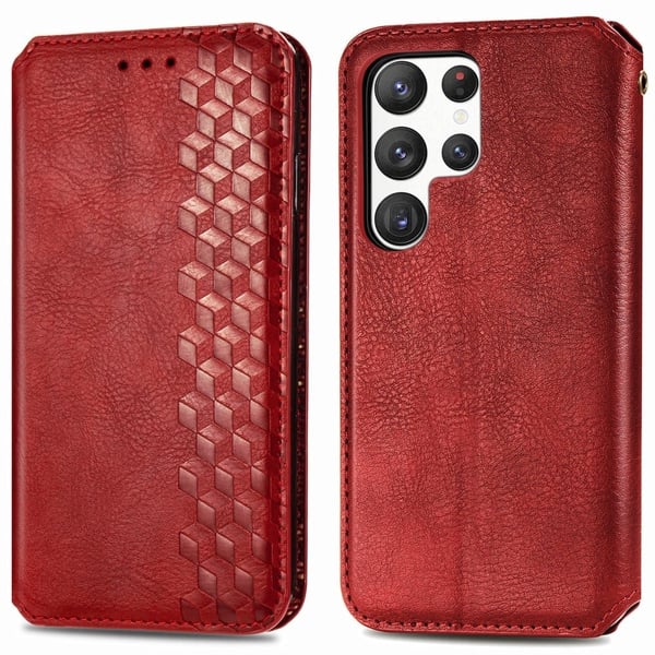 Læretui med A Stilfull Rhombus Imprint til Samsung Galaxy S23 Ultra - Rød