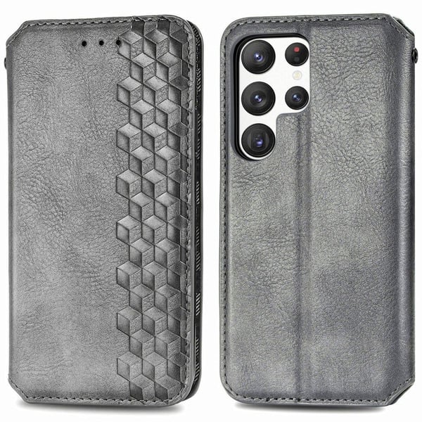 Læder Etui med A Stilfuldt Rhombus Tryk til Samsung Galaxy S23 Ultra - Grå Læder Etui med A Stilfuldt Rhombus Tryk til Samsung Galaxy S23 Ultra - Grå