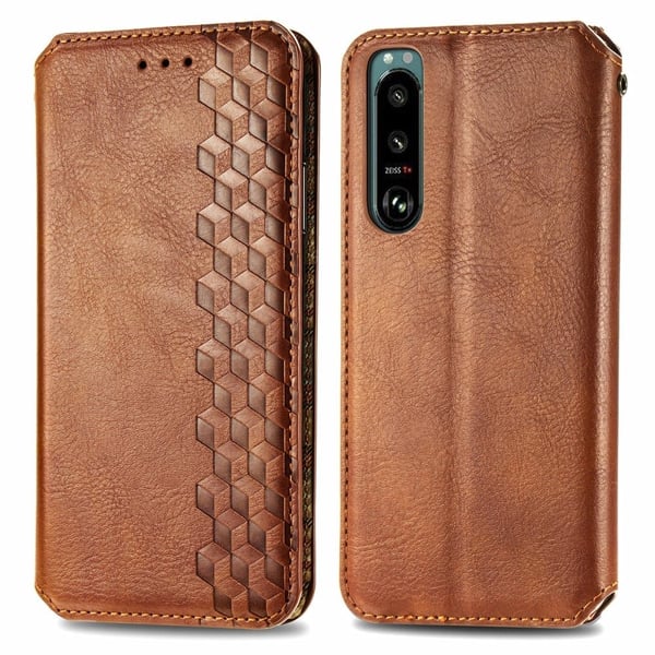 Nahkakotelo With A Stylish Rhombus Imprint For Sony Xperia 5 IV - Ruskea