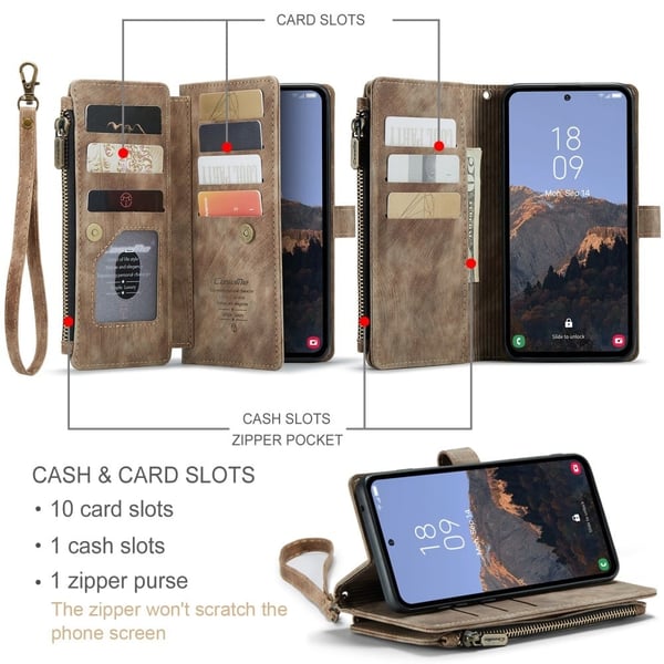 CaseMe Samsung Galaxy A54 etui med lynlås og pung - Brun