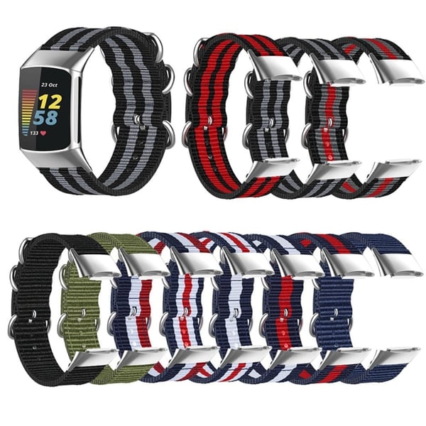 Fitbit Charge 5 elastisk klokkerem i nylon med sølvspenne - Svart / Grå / Svart / Grå / Svart