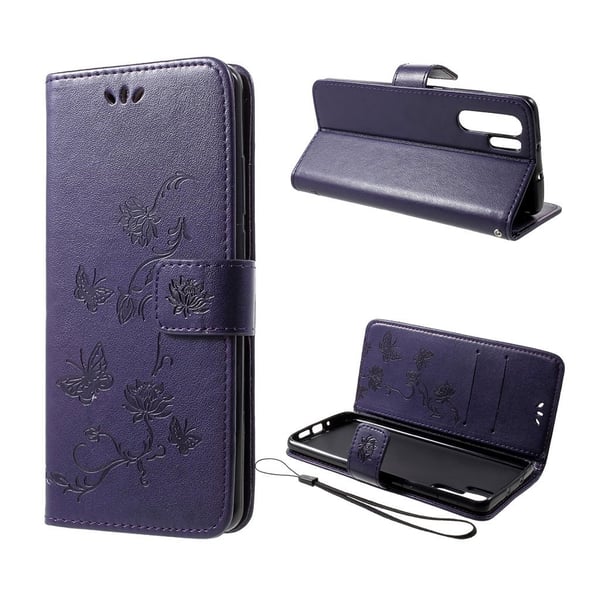 Huawei P30 Pro Sommerfugl Og Blomster Trykk Skinnetui - Mørk Lilla