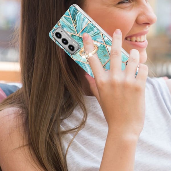 Marble Mønstret Deksel med Ring Holder til Motorola Edge 20 - Blå