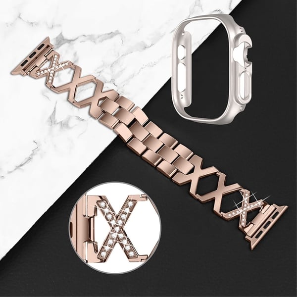 Apple Watch Ultra urrem i rustfritt stål med rhinestone-dekor og stjernelysdeksel - Gull