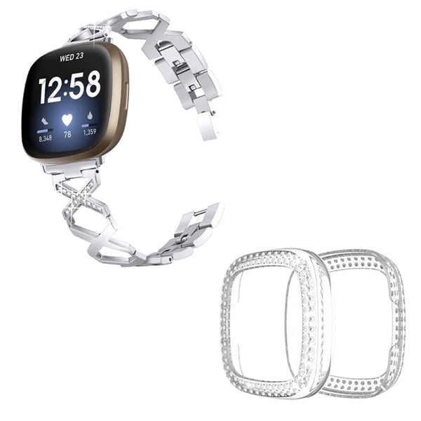 Fitbit Sense / Versa 3 X-muotoinen strassikoristeinen koristeltu kellon hihna läpinäkyvällä kannella - Hopea Fitbit Sense / Versa 3 X-muotoinen strassikoristeinen koristeltu kellon hihna läpinäkyvällä kannella - Hopea