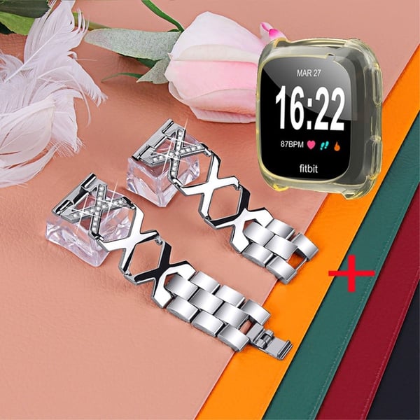 Fitbit Versa 2 / Lite urrem i rustfrit stål med rhinestone-dekor og klart gult cover - Sølv