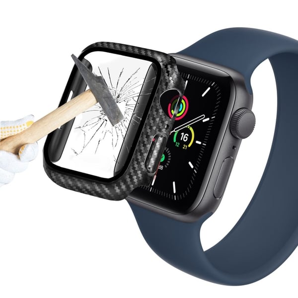 Apple Watch SE 2022 (44mm) / SE (44mm) karbonfiber stil covert med herdet glass - Svart