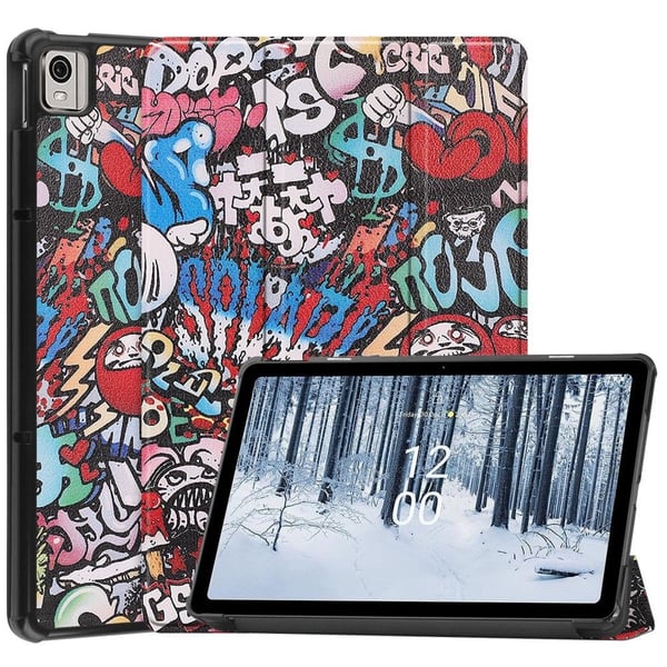 Nokia T21 trefoldig mønstret flip-etui i skinn - Graffiti