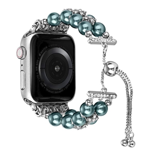 Apple Watch Series 8 (41mm) 2-rækket rem med perledekor - Påfugleblå Apple Watch Series 8 (41mm) 2-rækket rem med perledekor - Påfugleblå