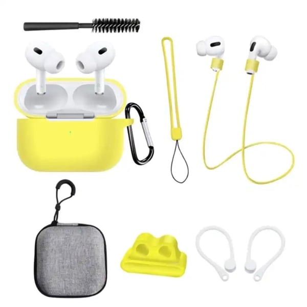 AirPods Pro 2 -silikonisuojus säilytyslaukulla ja lisävarusteilla - Keltainen