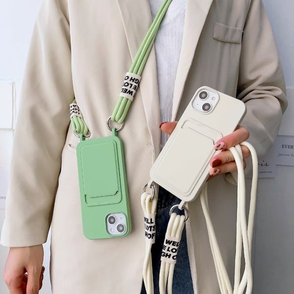 iPhone 14 Plus telefonetui med kortspor Anti-ridse flydende silikone beskyttende telefon cover med hængende rem - Sort