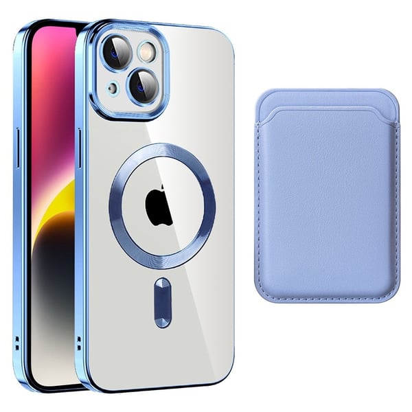 iPhone 14 Plus -puhelimen magneettinen takakuori korttilaukulla - Sininen