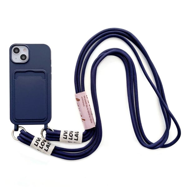 iPhone 14 Plus-silikondeksel med kortspor og snorstropp - Mørkeblå iPhone 14 Plus-silikondeksel med kortspor og snorstropp - Mørkeblå