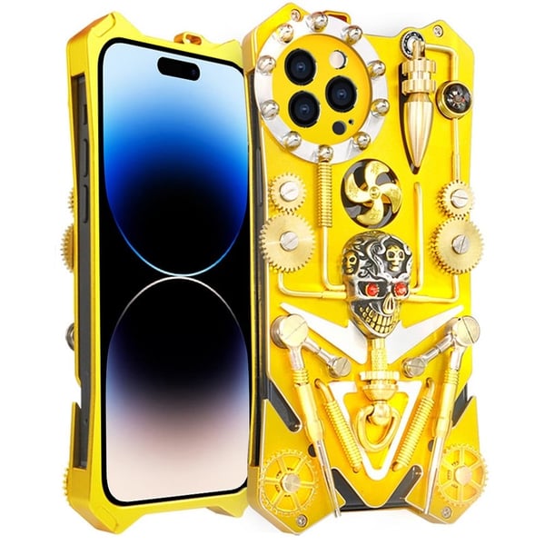 Armor Metal Phone Cover iPhone 14 Pro, Mechanical Gear Handmade Skull Dropproof Phone Case - Guld