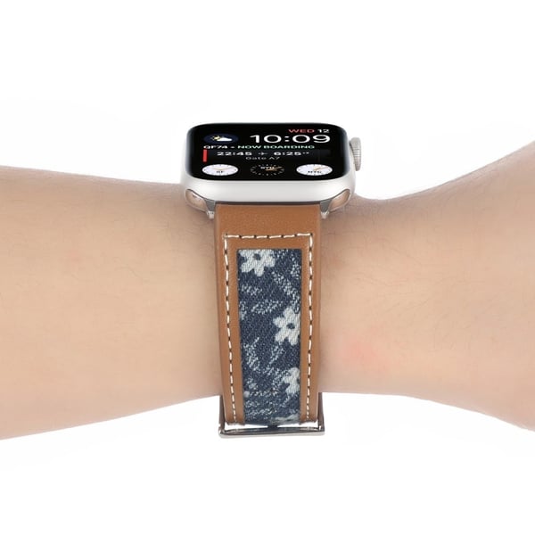 Apple Watch Series 8 (45 mm) / Watch Ultra lærredsrem i læder - Brun / Blå Blomster