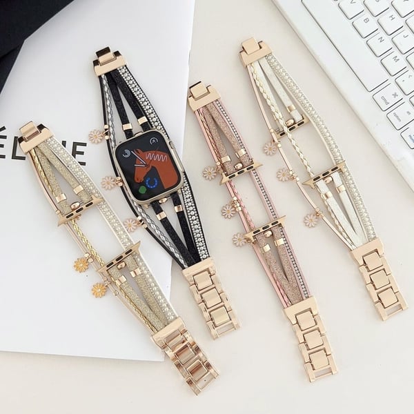 Apple Watch Series (41mm) metal på læderrem med blomsterdekoration - Sort
