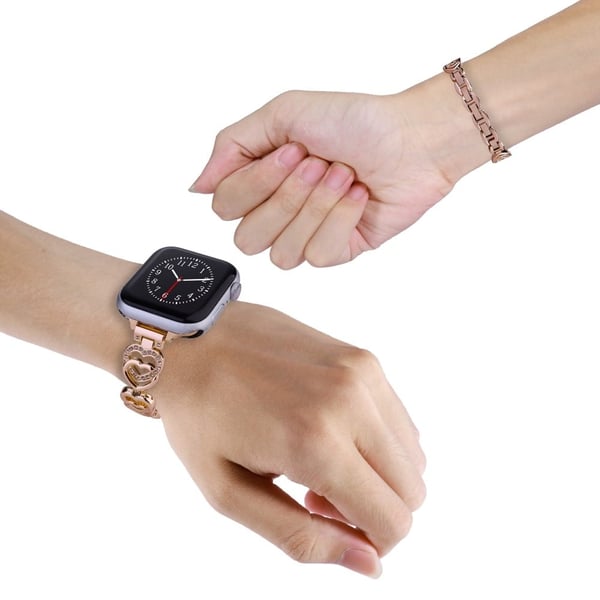 Apple Watch Series 8 (41 mm) metallrem med rhinestone-hjertedekor - Rose Gull