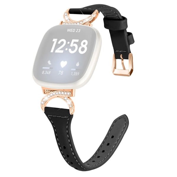 Fitbit Sense 2 / Versa 4 / Sense / 3 Armband i äkta läder med strassspänne i roséguld - Svart