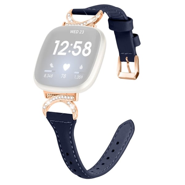 Fitbit Sense 2 / Versa 4 / Sense / 3 Aito nahkahihna, jossa on strassikivinen ruusukultainen solki - Muste Sininen