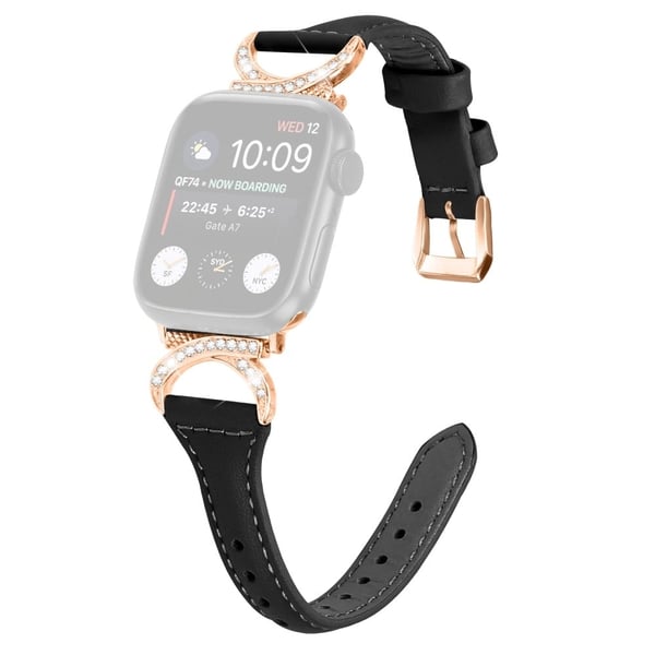 Apple Watch Series 8 (45 mm) / Watch Ultra Ekte lærrem med spenne i roségull med rhinestone - Svart
