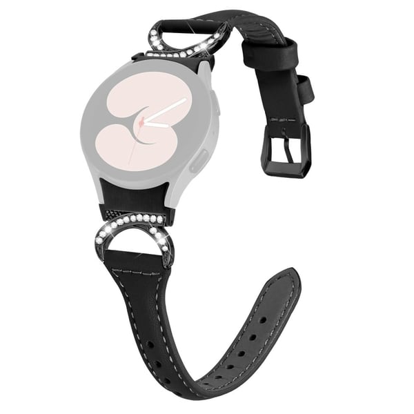 Samsung Galaxy Watch 5 / 4 Ægte læderrem med rhinestone sort spænde - Sort