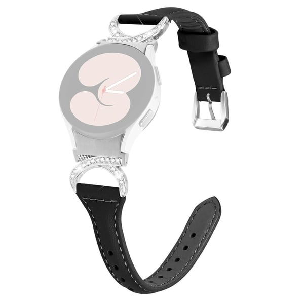 Samsung Galaxy Watch 5 / 4 Aito nahkaranneke hopeisella strassikoristeisella soljella - Musta