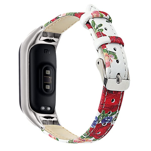 Ægte læderrem med sølvfarvet cover til Xiaomi Smart Band 8 - Blomster Af Blå Og Rose Ægte læderrem med sølvfarvet cover til Xiaomi Smart Band 8 - Blomster Af Blå Og Rose