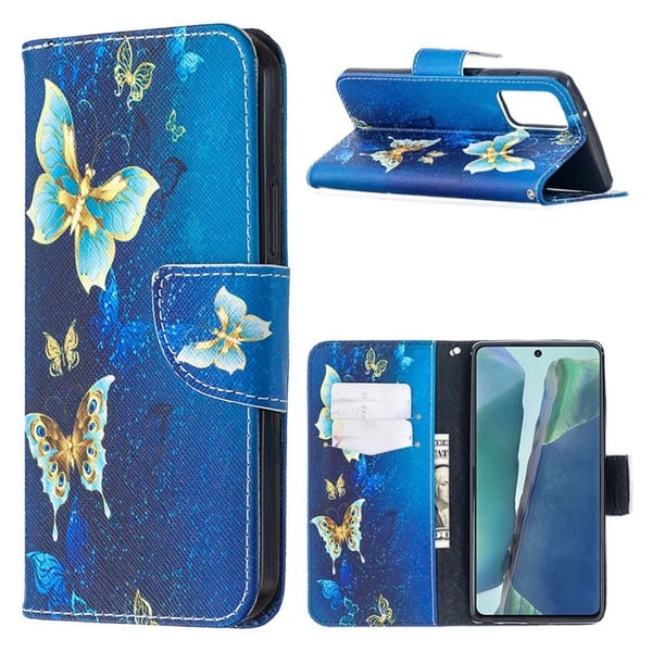 Wonderland Samsung Galaxy Note 20 Flippetui - Blue og Gull Sommerfugl