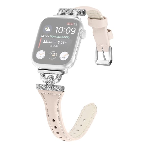Apple Watch Series 8 (41mm) Aidosta nahasta valmistettu strassikoristeinen ranneke hopeisella soljella - Aprikoosi