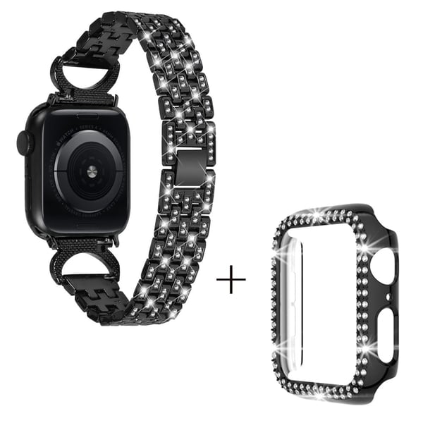 Apple Watch Series 8 (45mm) strassikoristeinen 5-helmikoristeinen metalliranneke suojuksella - Musta