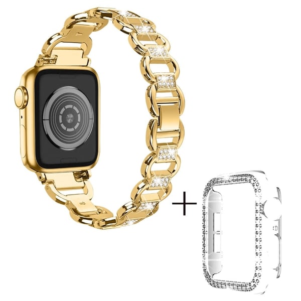 Apple Watch SE 2022 (44 mm) legeringsrem med rhinestone-dekor og klart deksel - Gull Apple Watch SE 2022 (44 mm) legeringsrem med rhinestone-dekor og klart deksel - Gull