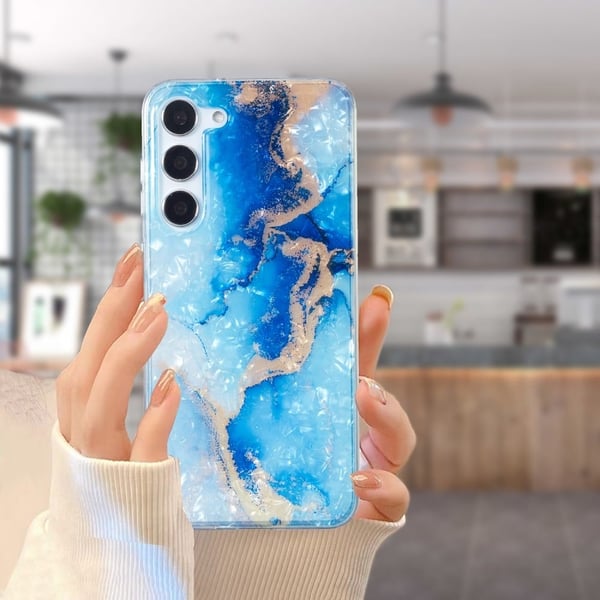 Marble Samsung Galaxy S23 Plus Etui - Blue Guld Marmor