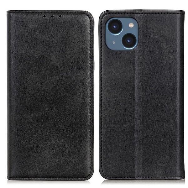 iPhone 15 Plus flip etui i ægte læder med pung – Sort