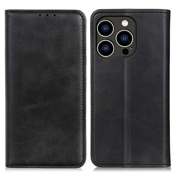 iPhone 15 Pro Max flip etui i ægte læder med pung – Sort iPhone 15 Pro Max flip etui i ægte læder med pung – Sort