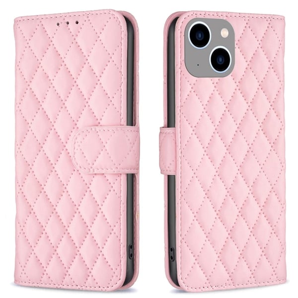 Rombemønster, matt flip-deksel for iPhone 15 - Rosa