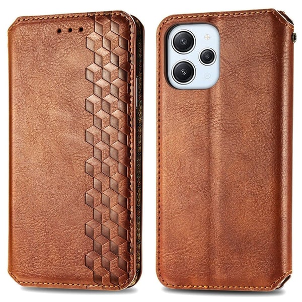 Läder Xiaomi Redmi 12 fodral med romb-design - Brun Läder Xiaomi Redmi 12 fodral med romb-design - Brun