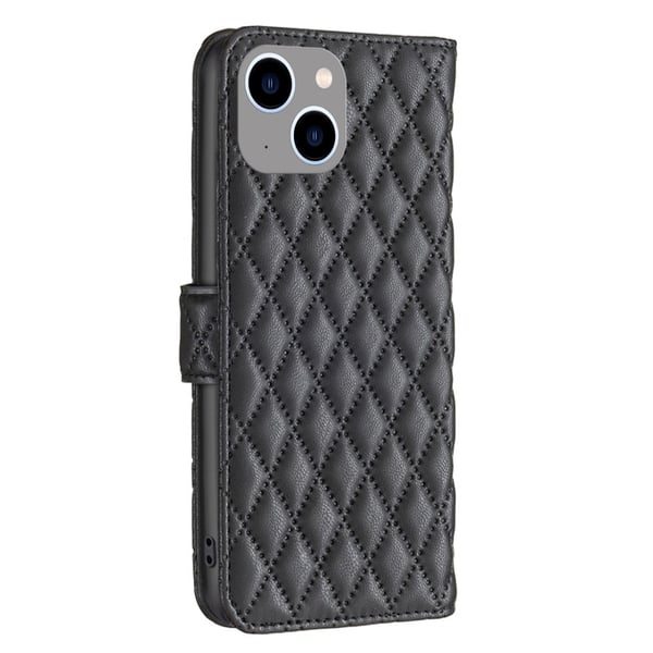 Rombemønster, matt flip-deksel for iPhone 15 Plus - Svart