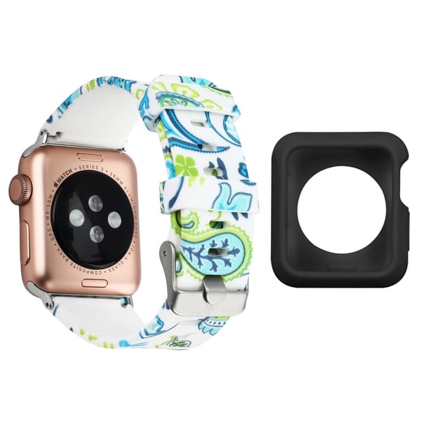 Apple Watch Series 3/2/1 38mm silikonarmband med mönster och fodral - Gröna Abstrakta Löv / Svart